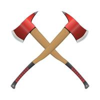 Firefighter crossed axe in realistic style. Red Hatchet. Red fire ax firefighter rescue equipment. Metal woodcutter with handle made of wood. Colorful vector illustration on a white background.