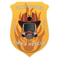 Firefighter insignia. Firefighter mask, helmet and axes behind on shield badge. Colorful vector illustration on a white background.