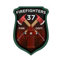 Firefighter Badge in realistic style. Firefighter axes and hydrant on shield insignia. Colorful vector illustration on a white background.