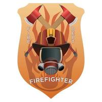 Firefighter insignia. Firefighter mask, helmet and axes behind on shield badge. Colorful vector illustration on a white background.