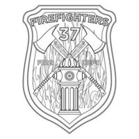 Firefighter Badge coloring page. Firefighter axes and hydrant on shield insignia. Colorful vector illustration on a white background.