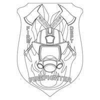 Firefighter insignia coloring page. Firefighter mask, helmet and axes behind on shield badge. Colorful vector illustration on a white background.