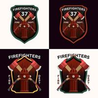 Firefighter Badge SET in realistic style. Firefighter axes and hydrant on shield insignia. Colorful vector illustration on a white background.