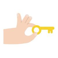 Hand with key. Palm holding or giving a yellow object. Modern trendy flat cartoon illustration isolated on white vector