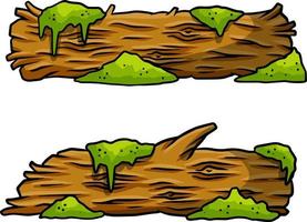 Vector brown log with green moss. Building wood material, natural element. Environment of forest. Set of cartoon illustration