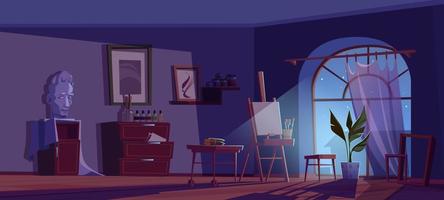 Artist studio at night, empty room with art stuff vector