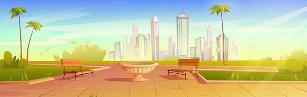 City park with benches, flowerpot summer cityscape vector