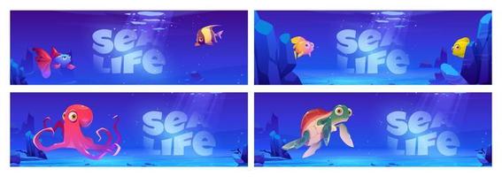 Sea life cartoon banners with underwater animals vector