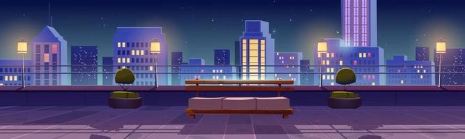 Terrace on rooftop, patio on roof at night vector
