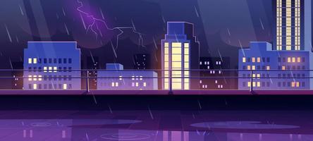 Terrace on rooftop at night storm, rainy city view vector
