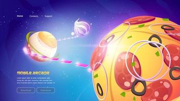 sitio web de juegos de arcade móvil con planetas de comida vector