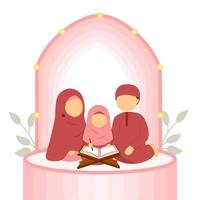 padre y madre de familia musulmana enseñando a los niños a leer el sagrado corán vector