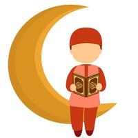 muslim boy sitting on crescent moon object while reading holy quran vector