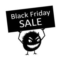 Little monster holds a black Friday sale sign. Evil funny creature for campaigning in online stores. Isolated vector. vector