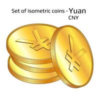 Set of gold digital coins in stack Yuan CNY in isometric view isolated on white. Vector illustration.