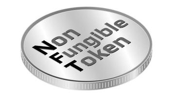 NFT non fungible token isometric text on coin isolated on white. Pay for unique collectibles in games or art. Vector illustration.