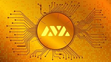 Avalanche AVAX cryptocurrency token symbol of the DeFi project in circle with PCB tracks on gold background. Currency coin icon. Decentralized finance programs. Vector illustration.