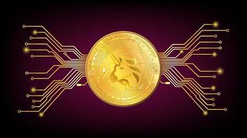Detailed gold coin UniSwap UNI token of defi sector with pcb tracks on dark red background. Digital gold in techno style for website or banner. Vector illustration.