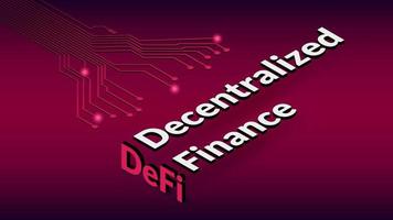 finanzas descentralizadas defi, texto isométrico con pistas de pcb sobre fondo rojo. ecosistema de aplicaciones y servicios financieros basados en blockchains públicas. ilustración vectorial vector