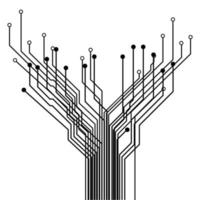 Branched PCB tracks with rings at ends. Element for technical projects. Vector illustration.