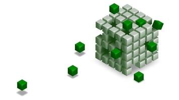 Concept blockchain defi, cube with dropped pieces symbolizing decentralization isolated on white. Vector illustration.