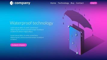 Waterproof smartphone website template with isometric phone under umbrella on blue background. Copy space for hot offer with button and top menu. Vector illustration.