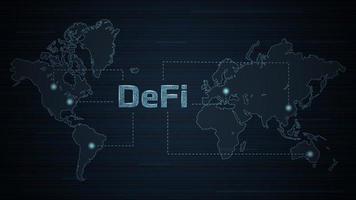 DeFi decentralized finance on world map with dots. An ecosystem of financial applications and services based on public blockchains. Vector illustration.