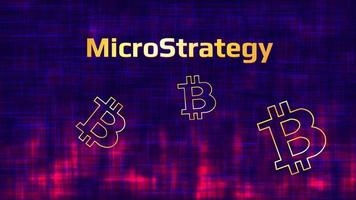 Banner MicroStrategy Incorporated on dark abstract background with Bitcoin symbols and red glow. Company that buys bitcoins and other digital coins and pushes the market up. Vector illustration.