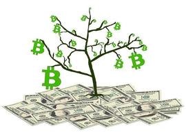 árbol con bitcoins se encuentra en una pila de dólares de papel aislado en blanco. concepto de convertir dólares en bitcoins. ilustración vectorial vector