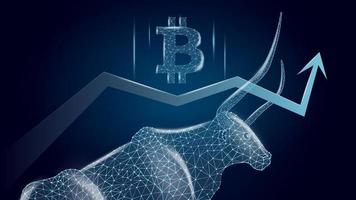 Bullish trend of Bitcoin with a polygonal bull and an upward arrow with BTC symbol on dark blue background. Modern neon vector illustration.
