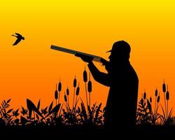 Hunter aiming a shotgun in a wild duck in the grass and reeds vector