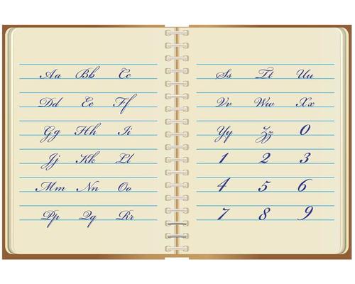 notebook with written letters of the English alphabet and numbers
