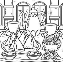 Ramadan Sambusa, Dates and Tea Coloring Page vector