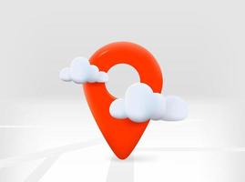 Red navigation pin with road map and clouds. 3d vector isolated illustration