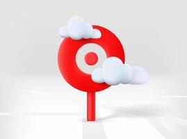 Red navigation pin with road map and clouds. 3d vector isolated illustration