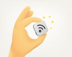 Cute cartoon human hand holding wifi icon. 3d vector illustration