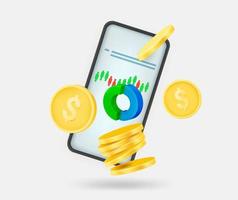 Online trading concept with mobile phone, chart and coins. 3d vector isolated illustration