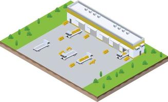 escena isométrica del camión en el proceso de descarga de la sala logística del almacén en el negocio de la empresa vector