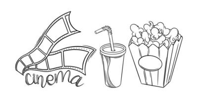 Popcorn basket and soda sketch. Cinema pop corn in doodle style. Vector illustration