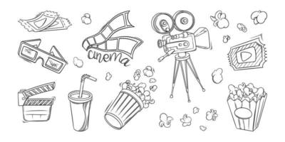 Cinema film, camera, popcorn and other objects. Cinema set in doodle style. Vector illustration