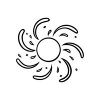 Handdrawn sun with swirling beams. Scribbled shining sun in doodle style. Black and white vector illustration