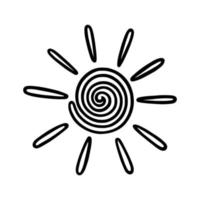 Handdrawn swirled sun with beams. Shining sun in doodle style. Black and white vector illustration