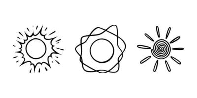 Handdrawn suns set. Suns shining with beams in doodle style. Black and white sketch vector illustration
