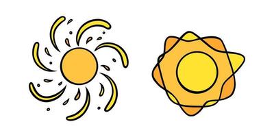 Handdrawn yellow suns set. Colorful shining suns with swirling beams in doodle style. Black and white vector illustration