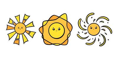 Funny suns with eyes and smiles. Yellow sun smiling faces in doodle style. Black and white vector illustration