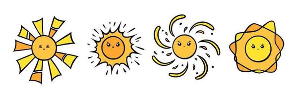 Kawaii sun characters with eyes and smiles. Yellow sun smiling faces in doodle style. Black and white vector illustration