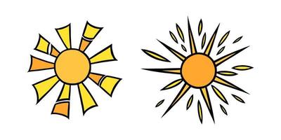 Handdrawn yellow suns set. Colorful shining suns with beams in doodle style. Black and white vector illustration