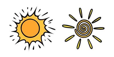 Handdrawn yellow suns set. Colorful shining swirled suns with beams in doodle style. Black and white vector illustration