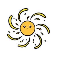 Cute sun with eyes and smile. Yellow sun smiling face in doodle style. Black and white vector illustration