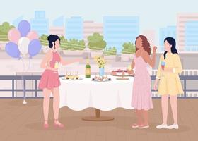 mujeres comunicándose en la ilustración de vector de color plano de fiesta. celebrando el evento festivo. vacaciones en el techo del edificio. personajes de dibujos animados simples 2d totalmente editables con paisaje urbano en el fondo